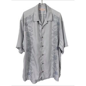 Tommy Bahama 1XB‎ 100% Silk Short Sleeve Button Up Shirt Blue Floral Embroidered